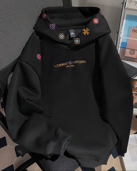 Plus velvet hoodie embroidered flowers tops for men