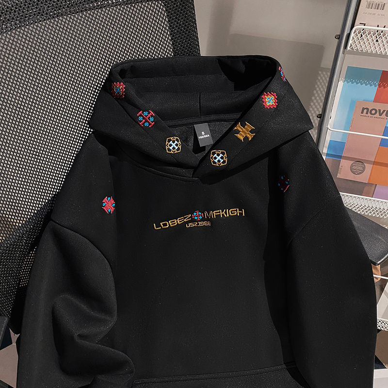 Plus velvet hoodie embroidered flowers tops for men