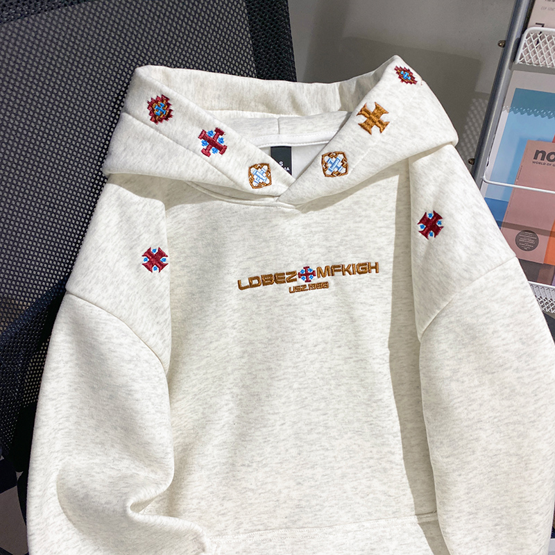 Plus velvet hoodie embroidered flowers tops for men