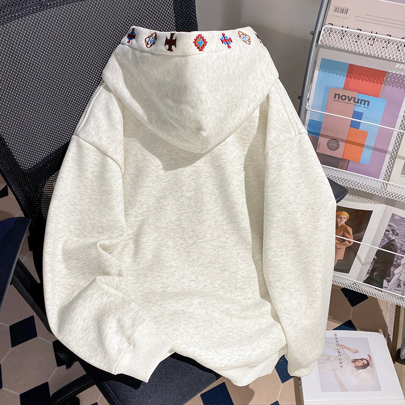 Plus velvet hoodie embroidered flowers tops for men