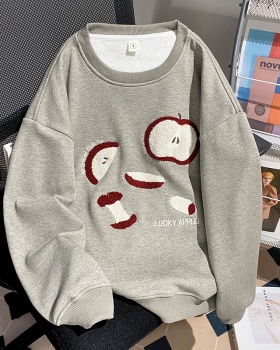 Loose cartoon thermal hoodie long round neck tops for women