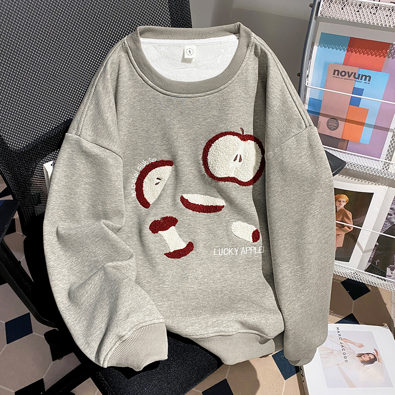 Loose cartoon thermal hoodie long round neck tops for women
