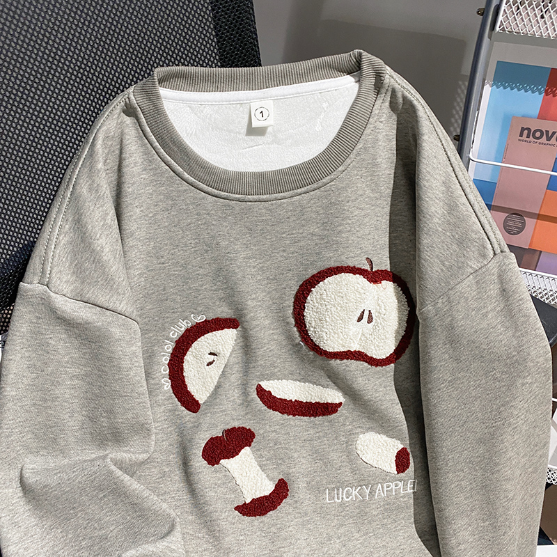 Loose cartoon thermal hoodie long round neck tops for women