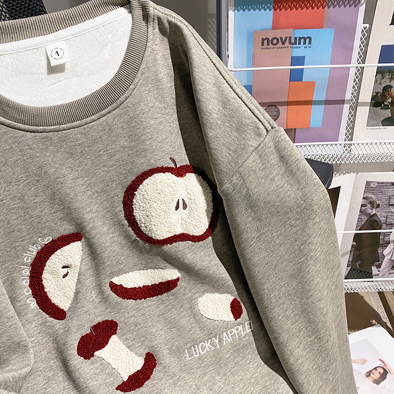 Loose cartoon thermal hoodie long round neck tops for women