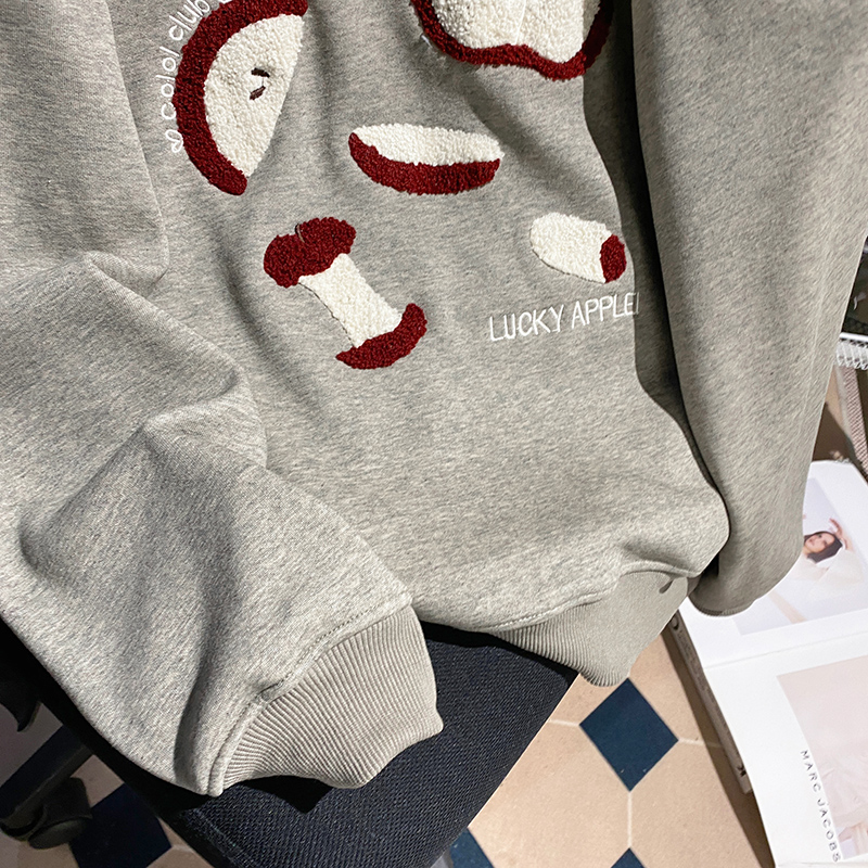 Loose cartoon thermal hoodie long round neck tops for women