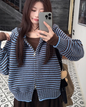 Stripe zip hooded coat winter long sleeve thermal sweater