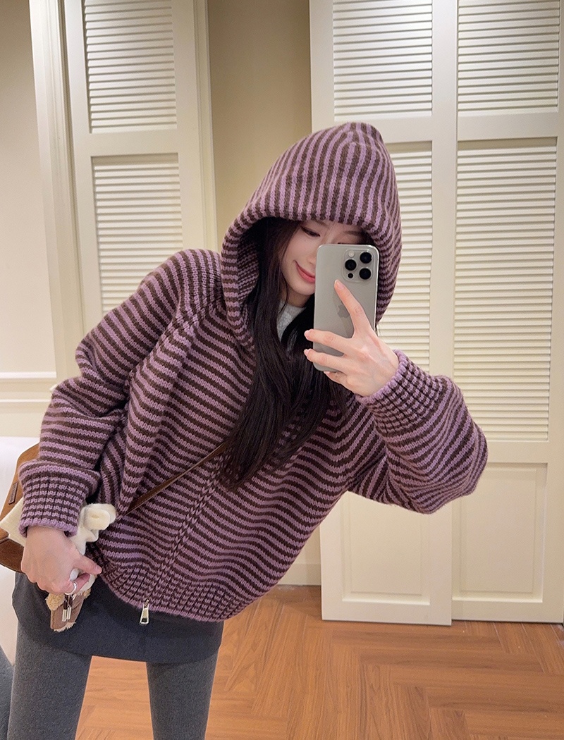 Stripe zip hooded coat winter long sleeve thermal sweater