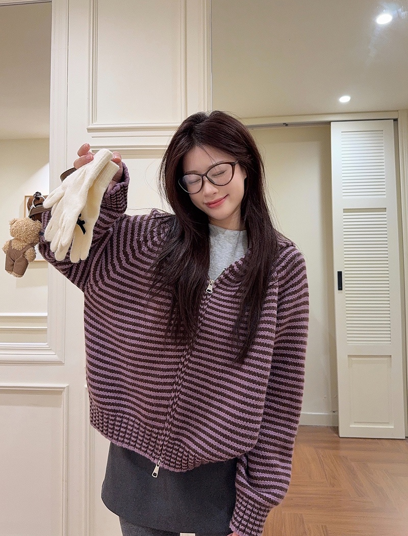 Stripe zip hooded coat winter long sleeve thermal sweater