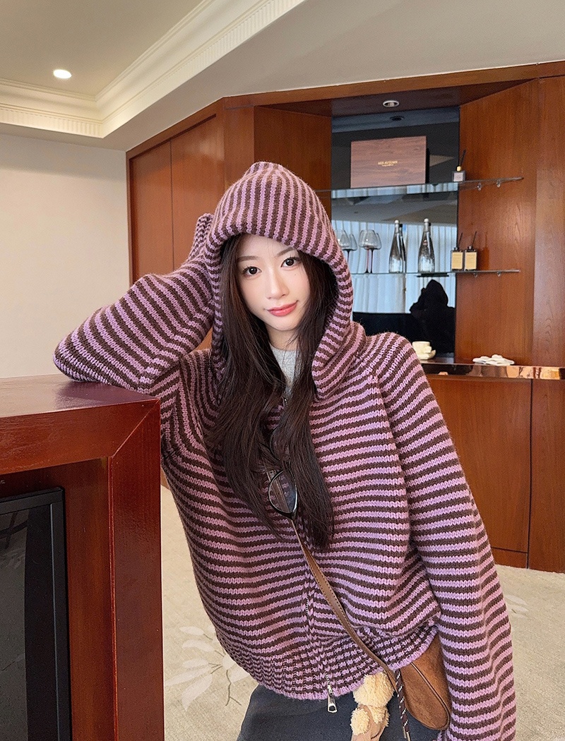 Stripe zip hooded coat winter long sleeve thermal sweater