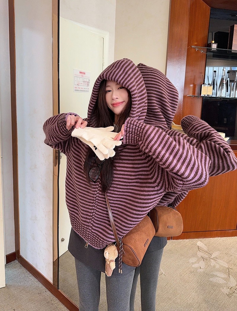 Stripe zip hooded coat winter long sleeve thermal sweater