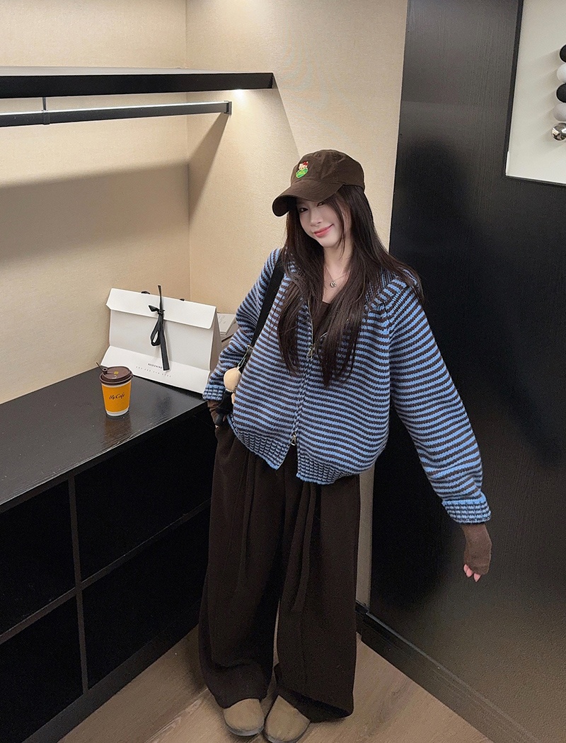 Stripe zip hooded coat winter long sleeve thermal sweater