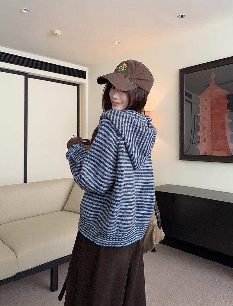Stripe zip hooded coat winter long sleeve thermal sweater