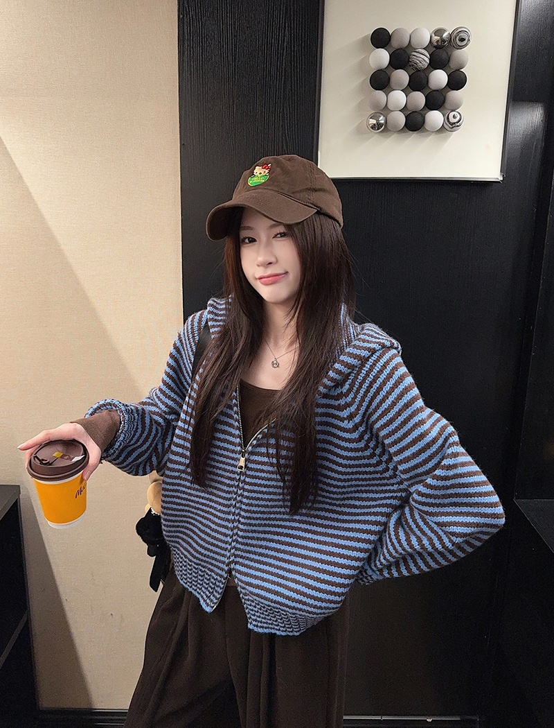Stripe zip hooded coat winter long sleeve thermal sweater