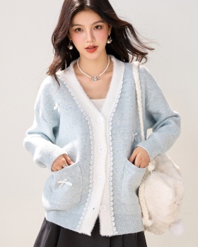 Autumn lace bow sweater tender France style loose tops