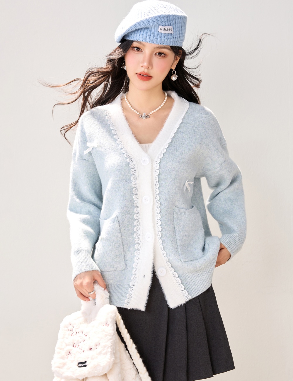 Autumn lace bow sweater tender France style loose tops