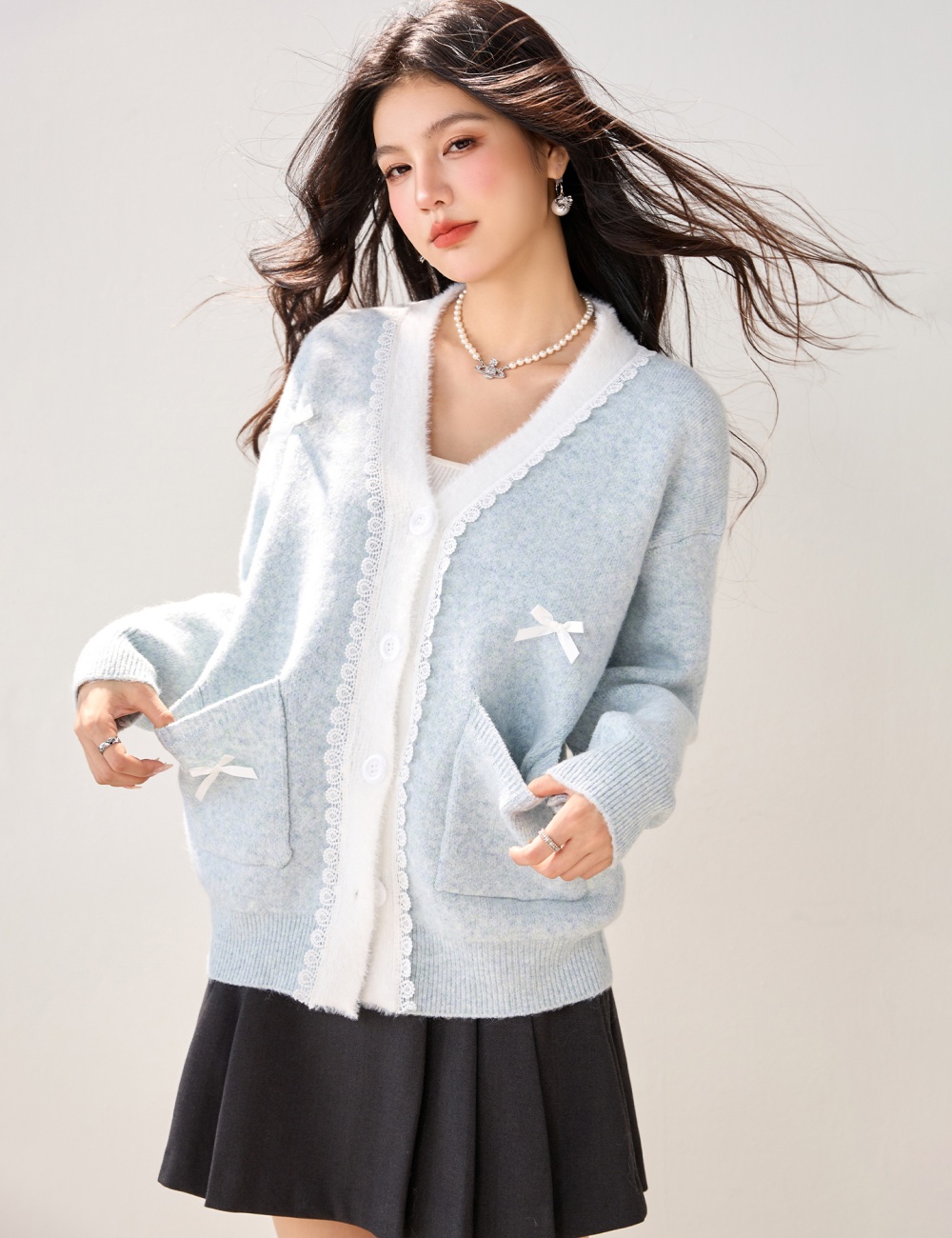 Autumn lace bow sweater tender France style loose tops