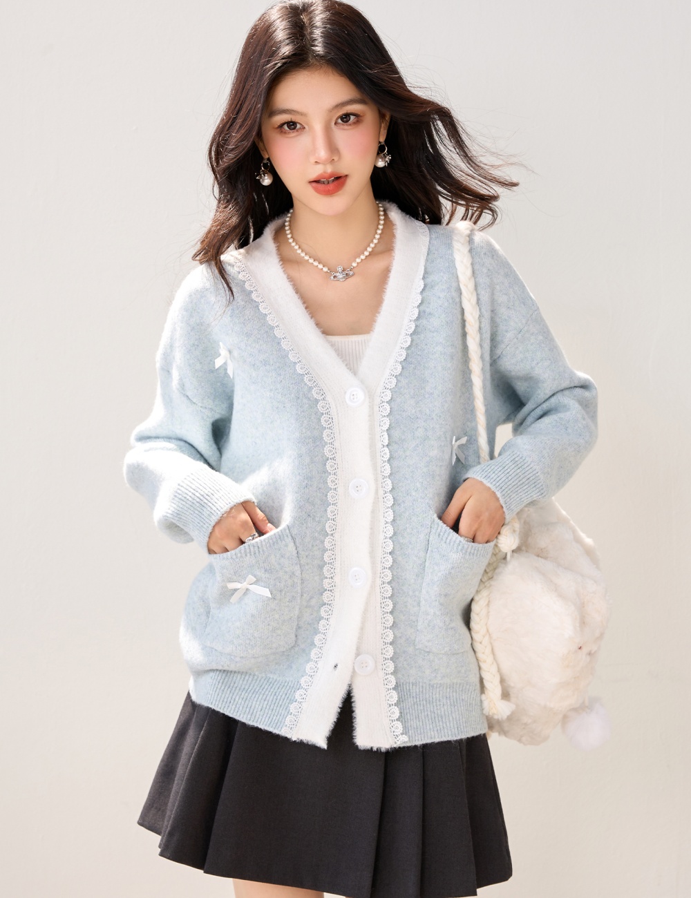 Autumn lace bow sweater tender France style loose tops