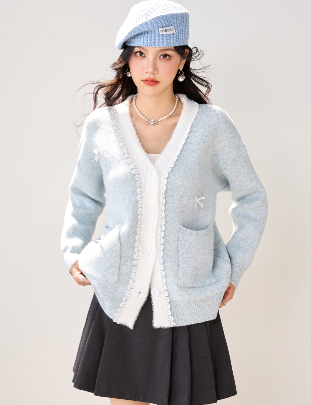 Autumn lace bow sweater tender France style loose tops