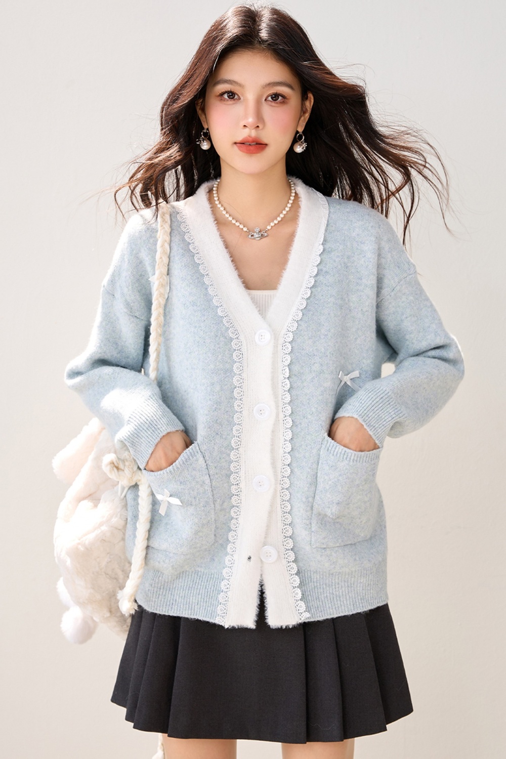 Autumn lace bow sweater tender France style loose tops