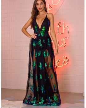 V-neck sling formal dress sexy sequins long dress for women