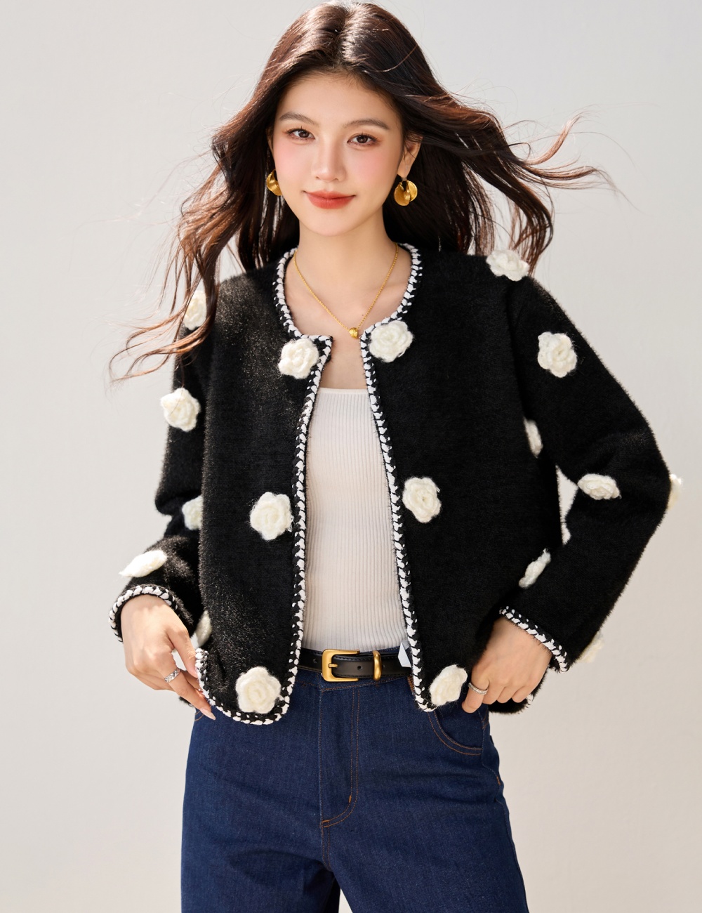 Black sweater knitted cardigan for women