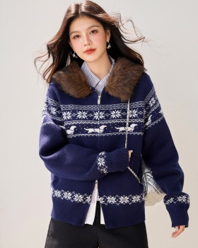 Fur collar American style sweater lazy tops for women