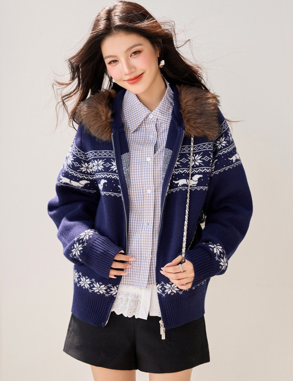 Fur collar American style sweater lazy tops for women