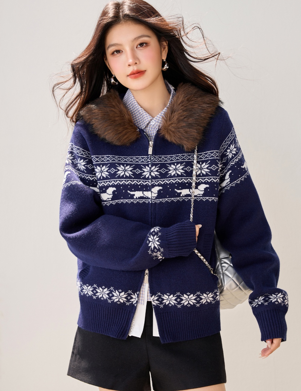 Fur collar American style sweater lazy tops for women