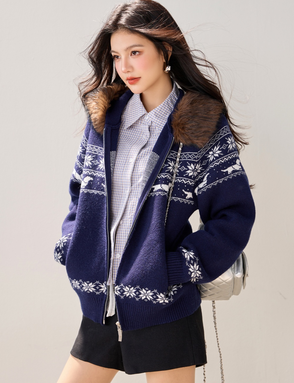 Fur collar American style sweater lazy tops for women