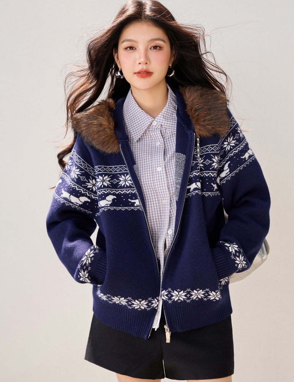 Fur collar American style sweater lazy tops for women