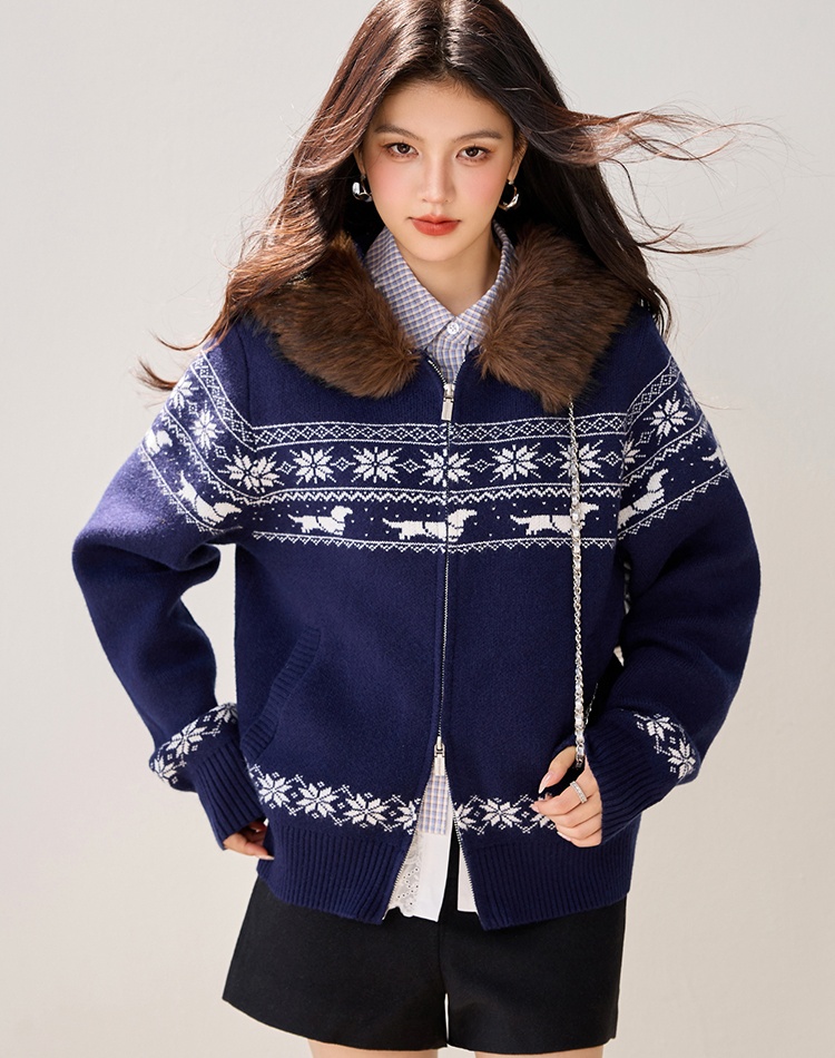 Fur collar American style sweater lazy tops for women