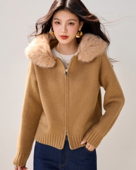 Hooded fur collar sweater knitted long sleeve coat