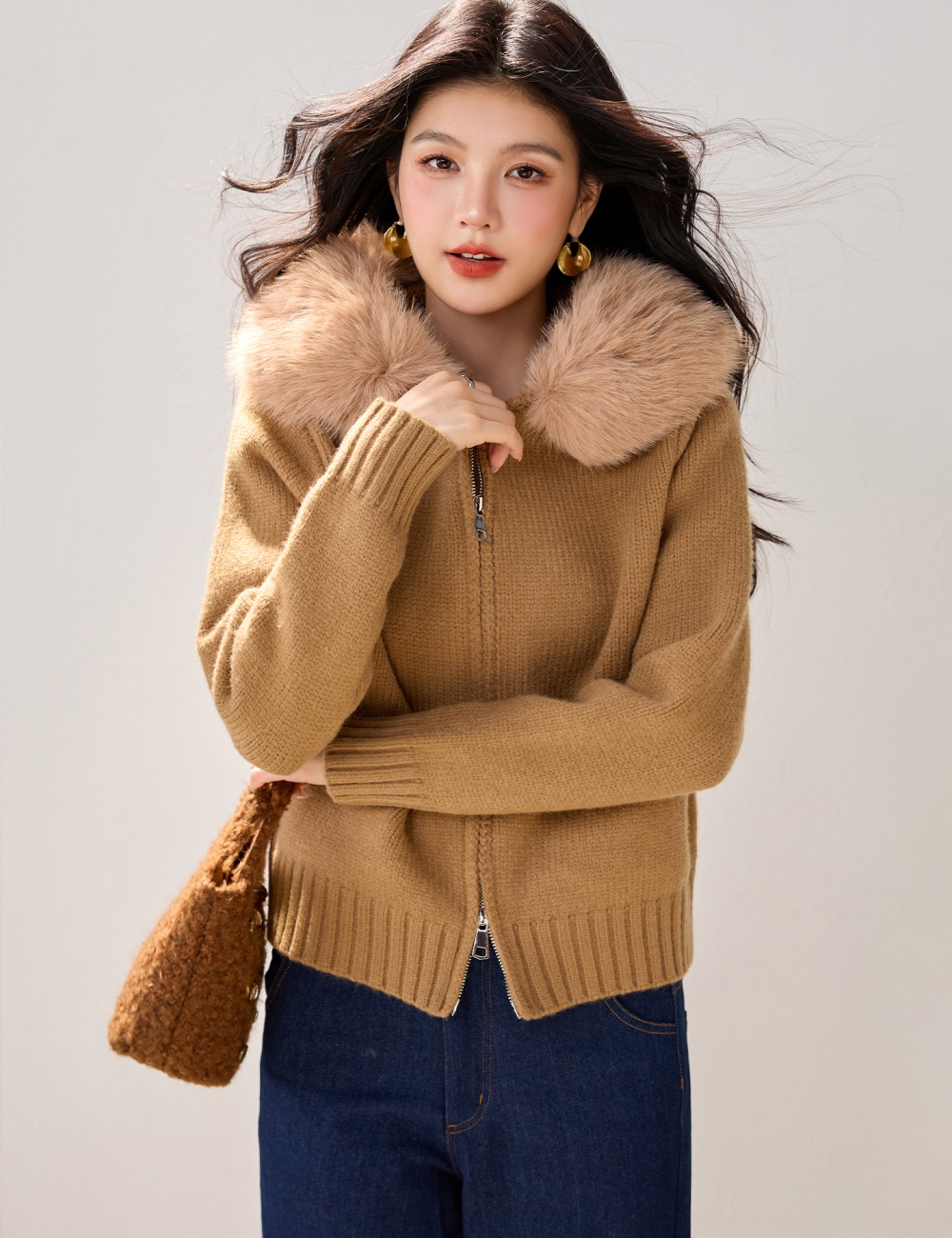 Hooded fur collar sweater knitted long sleeve coat