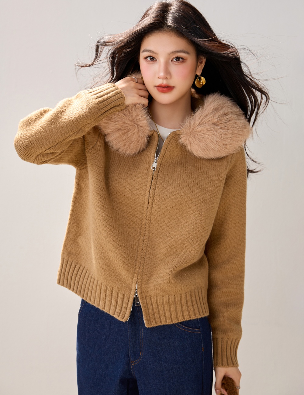 Hooded fur collar sweater knitted long sleeve coat