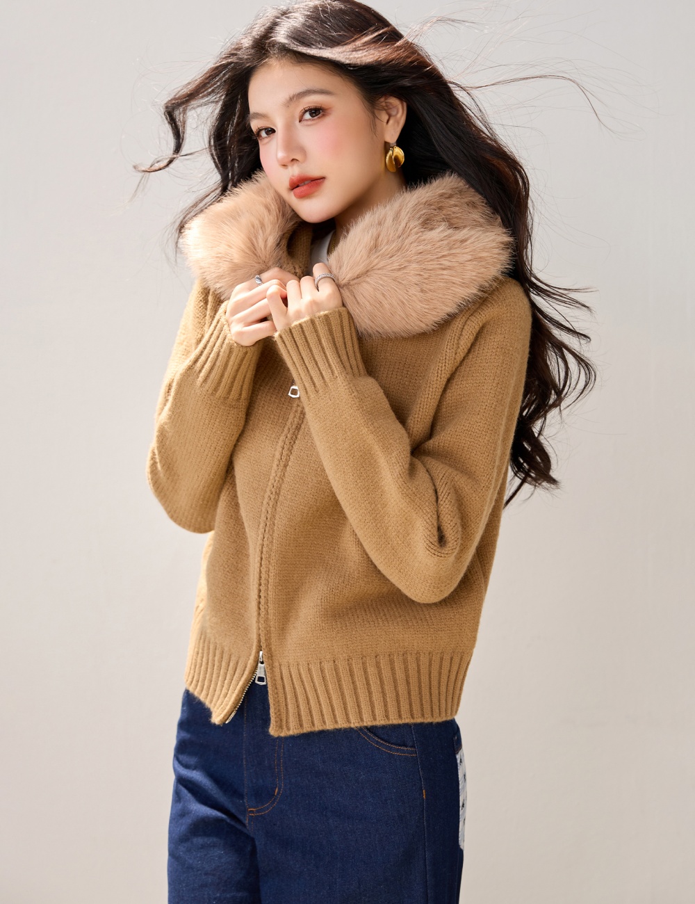 Hooded fur collar sweater knitted long sleeve coat
