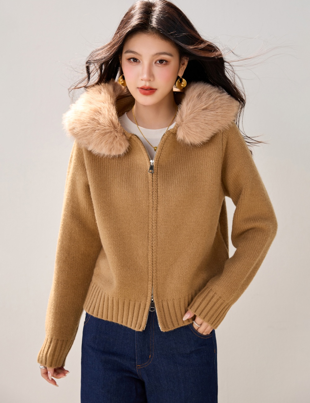 Hooded fur collar sweater knitted long sleeve coat