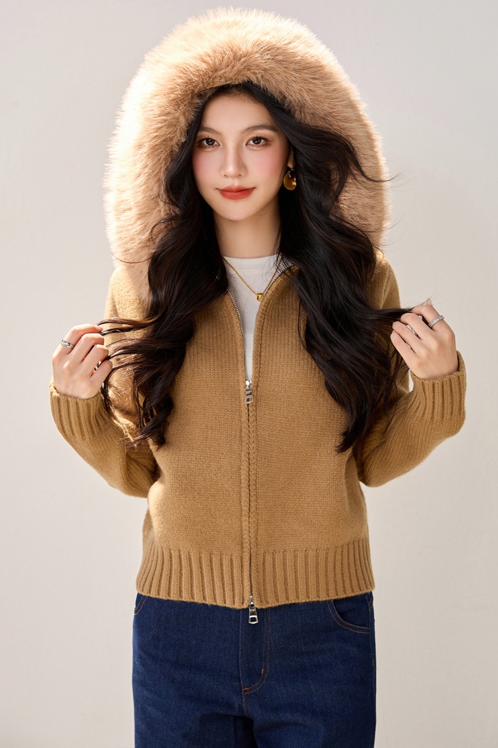 Hooded fur collar sweater knitted long sleeve coat