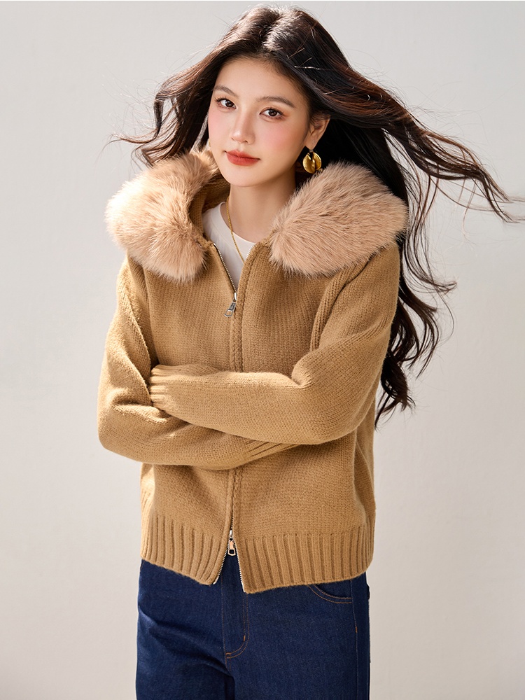 Hooded fur collar sweater knitted long sleeve coat