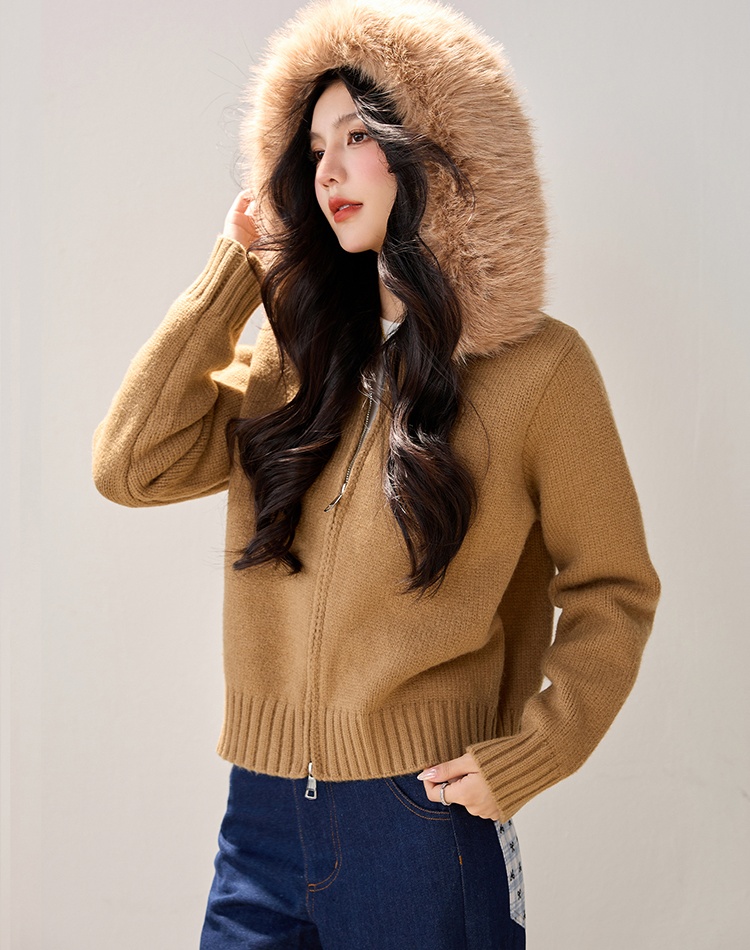 Hooded fur collar sweater knitted long sleeve coat