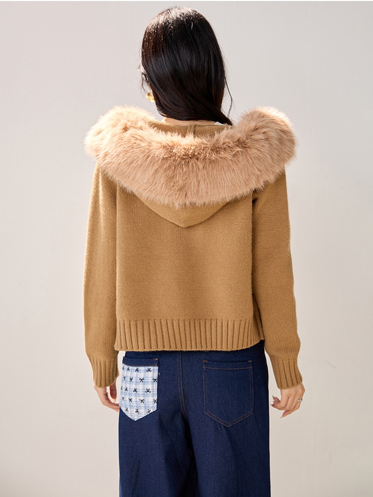 Hooded fur collar sweater knitted long sleeve coat