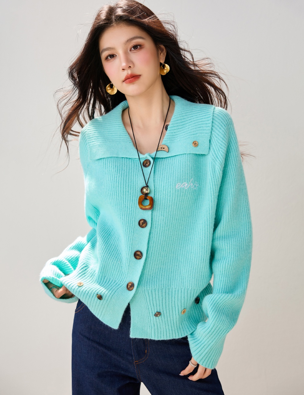 Autumn and winter lazy lapel coat loose knitted cardigan