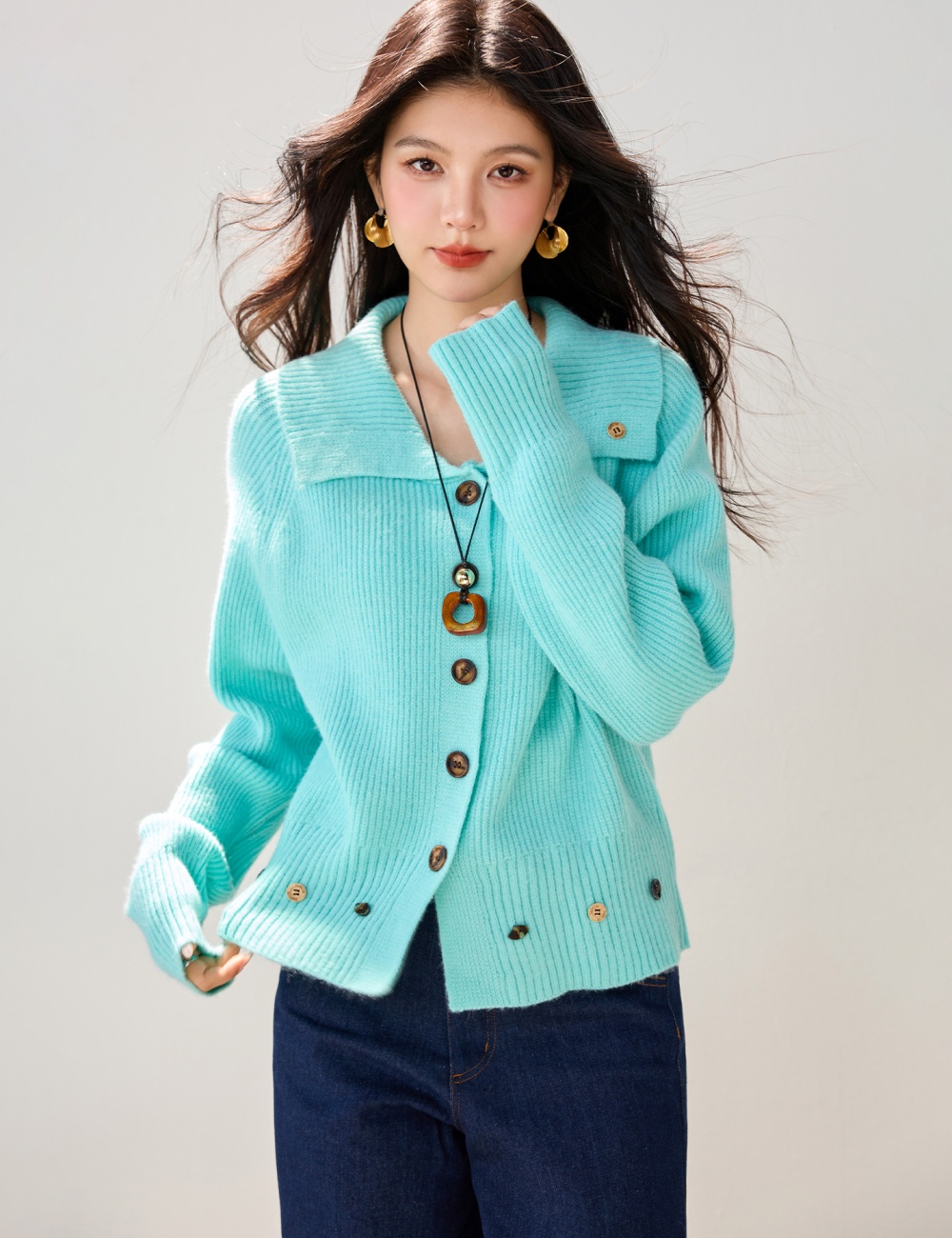 Autumn and winter lazy lapel coat loose knitted cardigan
