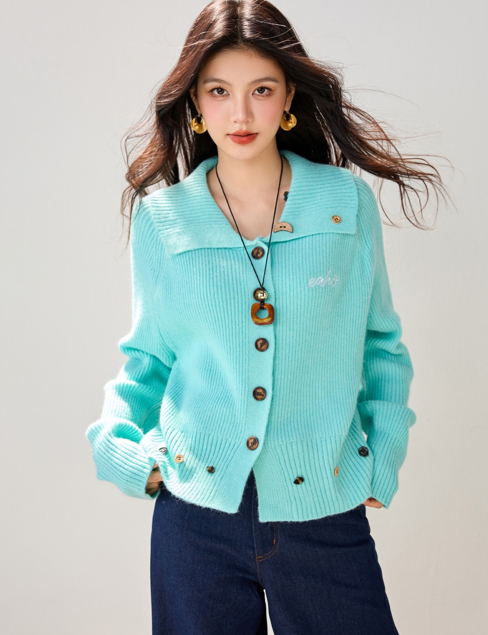 Autumn and winter lazy lapel coat loose knitted cardigan