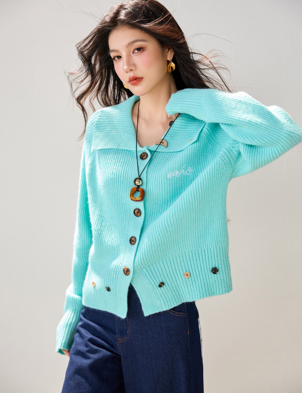 Autumn and winter lazy lapel coat loose knitted cardigan