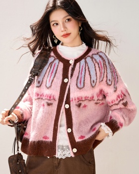 Retro pink coat thick lazy cardigan for women