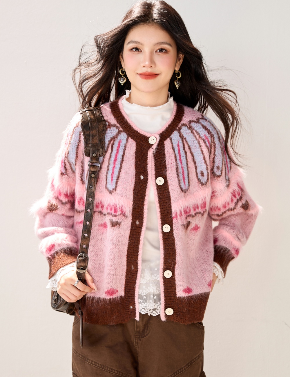 Retro pink coat thick lazy cardigan for women