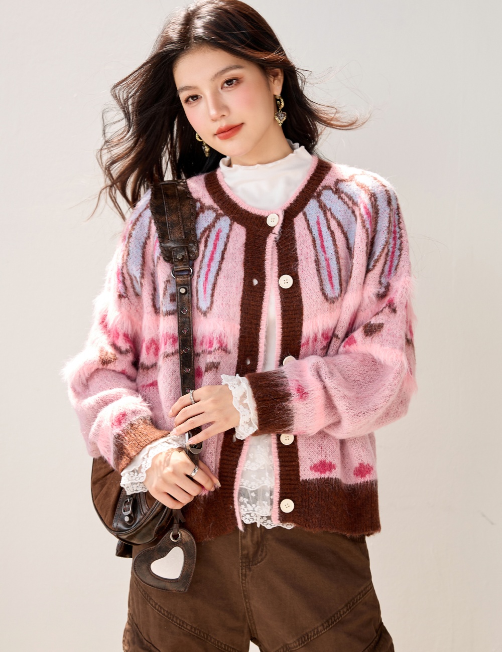 Retro pink coat thick lazy cardigan for women