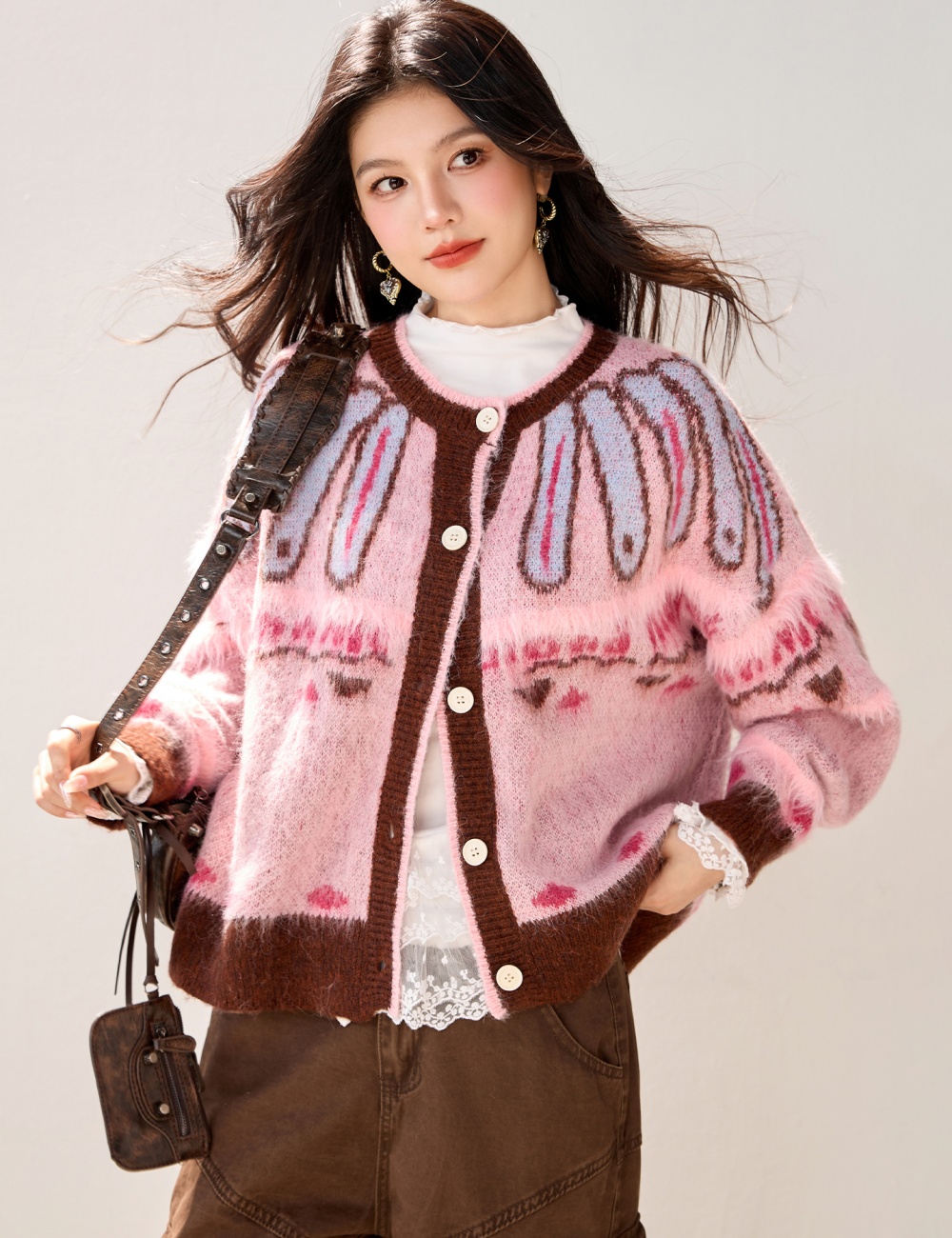 Retro pink coat thick lazy cardigan for women