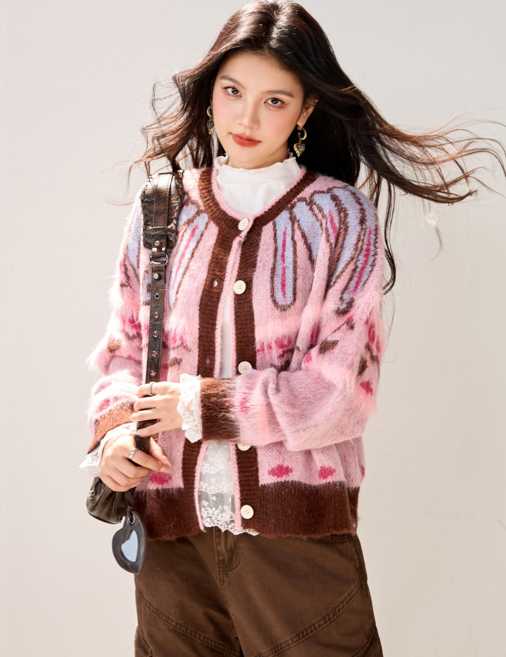 Retro pink coat thick lazy cardigan for women