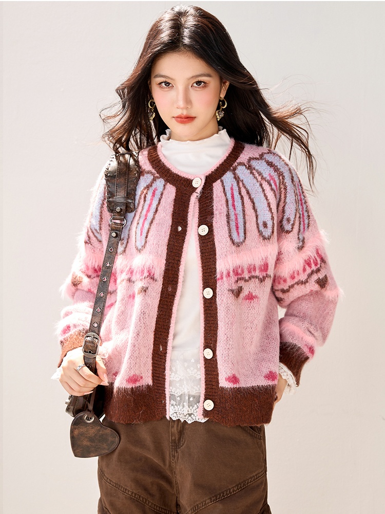 Retro pink coat thick lazy cardigan for women